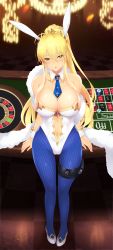 Rule 34 | 1girl, absurdres, animal ears, artoria pendragon (all), artoria pendragon (fate), artoria pendragon (swimsuit ruler) (fate), bare shoulders, blackjack table, blonde hair, blush, breasts, cait aron, cleavage, detached collar, fake animal ears, fate/grand order, fate (series), fishnets, green eyes, hair between eyes, high heels, highres, huge filesize, large breasts, leotard, long hair, looking at viewer, navel, no bra, pantyhose, parted lips, playboy bunny, poker chip, ponytail, rabbit ears, solo, standing, table, thigh strap