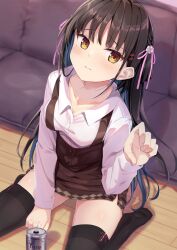 Rule 34 | 1girl, arm between legs, black hair, black thighhighs, blush, braid, brand name imitation, breasts, brown skirt, cafe stella to shinigami no chou, can, collarbone, collared shirt, colored eyelashes, commentary, couch, embarrassed, feet, flower, frown, furrowed brow, hair flower, hair ornament, hair ribbon, hand up, head tilt, high-waist skirt, highres, indoors, long hair, looking at viewer, medium breasts, pink ribbon, reaching, reaching towards viewer, red ribbon, ribbon, rose, segaxtu, shadow, shiki natsume, shirt, side braid, sidelocks, sitting, skirt, soles, solo, straight hair, suspender skirt, suspenders, thighhighs, thighs, toes, very long hair, wariza, white flower, white rose, white shirt, yellow eyes, yuzu-soft, zettai ryouiki
