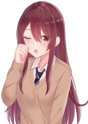Rule 34 | 1girl, ;o, black necktie, blush, brown hair, brown sweater, chakku illust, commentary request, diagonal-striped clothes, diagonal-striped necktie, highres, idolmaster, idolmaster shiny colors, long hair, long sleeves, looking at viewer, necktie, one eye closed, open mouth, osaki tenka, school uniform, simple background, solo, striped clothes, sweater, upper body, white background, yellow eyes
