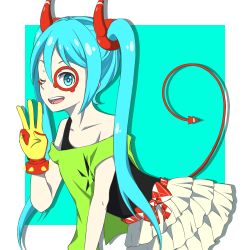 1girl absurdly_long_hair aqua_eyes aqua_hair artist_name artist_request bare_shoulders black_shirt blue_eyes blue_hair bow collarbone female_focus glasses gloves green_shirt hatsune_miku horns long_hair off-shoulder_shirt off_shoulder one_eye_closed parted_lips pinku39039 red_bow red_gloves satisfaction_(kz)_(vocaloid) shirt skirt smile solo tail twintails undershirt very_long_hair vocaloid white_skirt