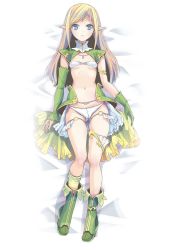 Rule 34 | 1girl, armlet, bikini, blonde hair, blue eyes, boots, breasts, character request, circlet, copyright request, dakimakura (medium), detached sleeves, elf, full body, gloves, green footwear, green gloves, green skirt, highres, jewelry, kneehighs, long hair, lying, navel, necklace, o-ring, on back, pointy ears, pop (electromagneticwave), showgirl skirt, single detached sleeve, single glove, single kneehigh, single sock, skirt, small breasts, socks, solo, swimsuit, thigh gap, thighlet, white bikini