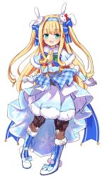 Rule 34 | 1girl, alternate costume, alternate hairstyle, baram, bell, black pantyhose, blonde hair, blue bow, blue capelet, blue dress, blue footwear, blue hairband, blue sleeves, blunt bangs, blush, boots, bow, capelet, detached sleeves, dress, full body, fur-trimmed capelet, fur-trimmed dress, fur-trimmed sleeves, fur trim, gloves, green eyes, hair bow, hairband, highres, knee boots, long hair, long sleeves, looking at viewer, mononobe alice, mononobe alice (7th costume), nijisanji, pantyhose, pigeon-toed, plaid, plaid hairband, print dress, simple background, snowflake print, solo, standing, striped bow, striped clothes, striped pantyhose, two side up, unmoving pattern, vertical-striped clothes, vertical-striped pantyhose, very long hair, virtual youtuber, white background, white gloves