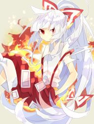Rule 34 | 1girl, blunt bangs, bow, commentary, feet out of frame, fire, fujiwara no mokou, hair bow, highres, knees up, long hair, looking at viewer, nikorashi-ka, ofuda, ofuda on clothes, pants, red eyes, red pants, shirt, solo, sparks, suspenders, torn clothes, torn sleeves, touhou, very long hair, white bow, white hair, white shirt