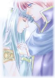 Rule 34 | aqua hair, blue eyes, cape, couple, detached sleeves, dress, eliwood (fire emblem), closed eyes, fire emblem, fire emblem: the blazing blade, hair ornament, hug, long hair, long sleeves, lowres, ninian, nintendo, own hands clasped, own hands together, red hair, short hair, white hair