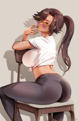 Rule 34 | 1girl, alma (foxyreine), artist name, ass, black pants, breasts, brown hair, commentary, foxyreine, from behind, hands up, highres, large breasts, long hair, looking at viewer, looking back, midriff, nail polish, on chair, original, pants, patreon logo, ponytail, purple nails, shadow, shirt, sitting, sitting backwards, solo, sunglasses, tied shirt, white shirt, yellow-framed eyewear, yellow eyes