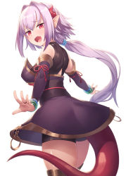 Rule 34 | 1girl, :d, bare shoulders, black sash, blush, bodysuit, cowboy shot, detached sleeves, fang, floating hair, from behind, hair intakes, highres, horns, ibuki notsu, long hair, long sleeves, looking at viewer, looking back, low ponytail, melusine (ibuki notsu), obi, open mouth, original, oversized breast cup, pointy ears, purple hair, purple skirt, red eyes, sash, simple background, skin fang, skirt, smile, solo, tail, white background