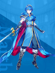 Rule 34 | 1boy, belt, blue cape, blue eyes, blue gloves, boots, cape, crown, fingerless gloves, fire emblem, fire emblem engage, gloves, highres, holding, holding sword, holding weapon, looking at viewer, marth (fire emblem), mika pikazo, nintendo, official art, red cape, smile, solo, sword, weapon