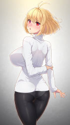 Rule 34 | 1girl, antenna hair, arcueid brunestud, arm behind back, ass, back, black pantyhose, blonde hair, blush, breasts, cowboy shot, crossed legs, from behind, gradient background, highres, holding own arm, impossible clothes, impossible sweater, kemurin, large breasts, looking at viewer, looking back, no pants, panties, panties under pantyhose, pantyhose, parted lips, red eyes, shiny clothes, shiny legwear, short hair, slit pupils, solo, standing, sweater, tsukihime, tsukihime (remake), turtleneck, turtleneck sweater, underwear, white panties