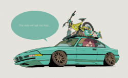 Rule 34 | bicycle, bmw, bmw 850i, car, dice, driving, english text, flat color, grey background, highres, left-hand drive, looking ahead, motor vehicle, original, red eyes, red hair, rikona, simple background, skateboard, speech bubble, supreme (brand), vehicle focus