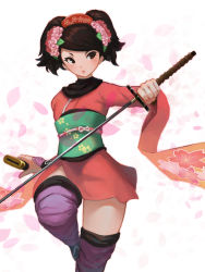 Rule 34 | 1girl, black hair, brown eyes, cherry blossoms, floral print, flower, hair flower, hair ornament, hairband, hcho, highres, holding, holding sword, holding weapon, japanese clothes, katana, kimono, long sleeves, momohime, oboro muramasa, petals, pink flower, purple thighhighs, scabbard, sheath, short hair, short kimono, short twintails, simple background, solo, standing, standing on one leg, swept bangs, sword, thighhighs, thighs, twintails, unsheathed, weapon, white background, wide sleeves, zettai ryouiki