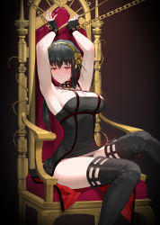 Rule 34 | 1girl, absurdres, armpits, arms up, au11, black gloves, black panties, black thighhighs, blood, blush, boots, bound, bound ankles, bound wrists, breasts, chain, chained, chair, closed mouth, clothes lift, dagger, dress, dress lift, fingerless gloves, flower, gloves, gold, gold hairband, hair flower, hair ornament, hairband, highres, holding, holding dagger, holding knife, holding weapon, knife, large breasts, long hair, looking at viewer, panties, panty peek, raised eyebrows, red eyes, rose, short dress, sidelocks, sitting, solo, spikes, spy x family, tearing up, tears, thighhighs, thorns, throne, underwear, weapon, yor briar