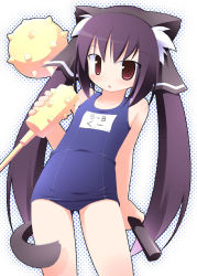 Rule 34 | 1girl, animal ear fluff, animal ears, blue one-piece swimsuit, cat ears, cat tail, character name, club (weapon), cowboy shot, golf club, halftone, holding, holding golf club, kagura yuuki, kooh, leaning to the side, long hair, name tag, one-piece swimsuit, outline, pangya, school swimsuit, solo, standing, swimsuit, tail, very long hair, white background