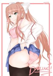 Rule 34 | ass, bra, brown hair, doki doki literature club, green eyes, huge ass, looking at viewer, looking back, monika (doki doki literature club), panties, pantyshot, pink bra, pink panties, ponytail, standing, striped clothes, striped panties, thick thighs, thighhighs, thighs, underwear, yuxine