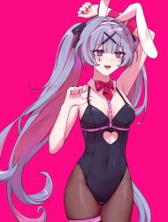 Rule 34 | 1girl, :d, animal ears, arm up, bare shoulders, black leotard, black pantyhose, blue eyes, blue hair, blush, bow, bowtie, breasts, cleavage, clothing cutout, covered navel, cowboy shot, detached collar, fake animal ears, gluteal fold, hair intakes, hatsune miku, heart, heart-shaped pupils, highleg, highleg leotard, highres, large breasts, legs together, leotard, long hair, looking at viewer, miraeearim, nail polish, open mouth, pantyhose, pink background, rabbit ears, rabbit hole (vocaloid), red bow, red bowtie, red nails, simple background, skindentation, smile, solo, stomach cutout, symbol-shaped pupils, teardrop facial mark, thigh gap, thigh strap, twintails, very long hair, vocaloid