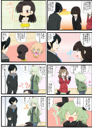 Rule 34 | 1boy, 3girls, 4girls, 4koma, :d, ^^^, aged down, anchovy (girls und panzer), anzai romi, arm behind back, asymmetrical bangs, beret, black-framed eyewear, black cape, black gloves, black hair, black headwear, black jacket, black pants, black ribbon, black shirt, blazer, blonde hair, blue eyes, blue necktie, blue pants, blunt bangs, bob cut, bowing, brown eyes, brown hair, cape, closed eyes, closed mouth, comic, commentary, crossed arms, dress shirt, drill hair, formal, frown, girls und panzer, glaring, glasses, gloves, green hair, green jacket, grey scarf, hair ribbon, hand on own hip, hat, high collar, highres, jacket, jinguu (4839ms), katyusha (girls und panzer), kindergarten uniform, long sleeves, looking at another, medium hair, mother and daughter, motion lines, multiple girls, navel, necktie, nishi kinuyo, nishizumi shiho, opaque glasses, open clothes, open jacket, open mouth, pant suit, pants, pink shirt, pleated skirt, rectangular eyewear, red eyes, red jacket, red skirt, ribbon, scarf, shimada chiyo, shirt, shout lines, skirt, skirt suit, smile, sparkle, spoken sweatdrop, standing, straight hair, suit, sweatdrop, thumbs up, topless, translated, tsuji renta, twin drills, twintails, v-shaped eyebrows, waving, white shirt, wing collar, yellow skirt