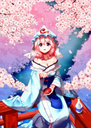 Rule 34 | 1girl, adapted costume, arm up, bare shoulders, blue hat, blue kimono, bottle, branch, breasts, cherry blossoms, cleavage, commentary request, cup, from above, furisode, hair between eyes, hanami, hat, holding, holding cup, japanese clothes, kimono, long sleeves, looking at viewer, looking up, mob cap, nagare, obi, off shoulder, on railing, open hand, open mouth, partial commentary, petals, petals on liquid, pink eyes, pink hair, railing, saigyouji yuyuko, sakazuki, sake bottle, sash, short hair, sitting, solo, stream, touhou, triangular headpiece