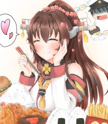 Rule 34 | 10s, 1boy, 1girl, admiral (kancolle), bad id, bad pixiv id, bare shoulders, blush, bowl, brown hair, cherry blossoms, chopsticks, commentary request, cup, detached sleeves, eating, closed eyes, flower, food, food on face, hair flower, hair ornament, hand on own face, hat, headgear, heart, kantai collection, kaoru (kitada1026), long hair, military, military hat, military uniform, naval uniform, noodles, onigiri, peaked cap, plate, ponytail, ramen, rice, rice bowl, sitting, smile, spoken heart, table, uniform, very long hair, wagashi, yamato (kancolle)