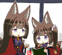 Rule 34 | 2girls, :d, amagi-chan (azur lane), amagi (azur lane), animal ears, azur lane, blunt bangs, blurry, book, brown hair, commentary request, depth of field, eyeshadow, fox ears, fox girl, fox tail, holding, holding book, japanese clothes, kimono, kitsune, kyuubi, long hair, long sleeves, looking at another, makeup, mother and daughter, multiple girls, multiple tails, name connection, off shoulder, open mouth, pointing, purple eyes, reading, rope, shimenawa, shouji, sidelocks, signature, sliding doors, smile, tail, taisa (kari), thick eyebrows, wide sleeves