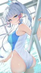 Rule 34 | 1girl, absurdres, ass, ayaka (genshin impact), blue eyes, blue hair, blue one-piece swimsuit, blue ribbon, blush, bow, breasts, closed mouth, commentary request, competition swimsuit, genshin impact, hair ornament, hair ribbon, hair tubes, highres, indoors, light blue hair, long hair, looking at viewer, medium breasts, mole, mole under eye, one-piece swimsuit, partially submerged, pink bow, pink ribbon, ponytail, pool, ribbon, rosumerii, smile, solo, swimsuit, twisted torso, two-tone one-piece swimsuit, white hair, white one-piece swimsuit, window