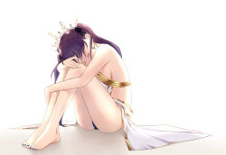 Rule 34 | 1girl, bare arms, bare legs, bare shoulders, barefoot, black hair, black ribbon, blue nails, breasts, crown, earrings, closed eyes, fate/grand order, fate (series), feet, female focus, full body, hair ribbon, hanakingyo, hoop earrings, hugging own legs, ishtar (fate), ishtar (fate), jewelry, knees to chest, knees up, legs, long hair, medium breasts, nail polish, purple eyes, revealing clothes, ribbon, sideboob, sitting, solo, strapless, thighs, toenail polish, toenails, tohsaka rin, twintails, type-moon, waist cape, white background