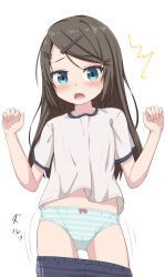 Rule 34 | 1girl, ^^^, black hair, black shorts, blue eyes, blush, bow, bow panties, clothes pull, commentary request, fang, gym shirt, gym shorts, gym uniform, hair ornament, hairclip, hands up, highres, long hair, looking at viewer, navel, open mouth, original, panties, shirt, short sleeves, shorts, shorts pull, simple background, solo, striped clothes, striped panties, surprised, swept bangs, takasuma hiro, underwear, white background, white shirt