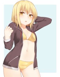 Rule 34 | 1girl, arm up, bikini, black jacket, blonde hair, blue background, border, breasts, character request, collarbone, commentary request, copyright request, cowboy shot, gluteal fold, hand in own hair, hand up, jacket, looking at viewer, medium breasts, miyo (ranthath), navel, open clothes, open jacket, outside border, parted lips, pocket, short hair, sidelocks, simple background, solo, standing, stomach, swimsuit, white border, yellow bikini, yellow eyes