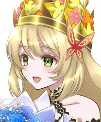 Rule 34 | bare shoulders, blonde hair, blue flower, blue rose, bouquet, butterfly hair ornament, celine (fire emblem), choker, crown, facing to the side, fire emblem, fire emblem engage, flower, green eyes, hair ornament, holding, holding bouquet, kakiko210, nintendo, open mouth, rose, solo