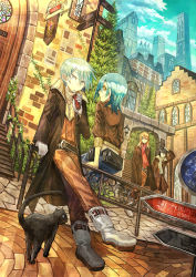 Rule 34 | 1girl, 369minmin, 3boys, aqua hair, architecture, bad id, bad pixiv id, black cat, boots, brick wall, brown hair, building, cat, cloud, coat, door, drinking, dutch angle, gloves, gothic architecture, hands in pockets, multiple boys, original, outdoors, pavement, scarf, signpost, sky, smile, stained glass, stairs, white gloves, window, yellow eyes