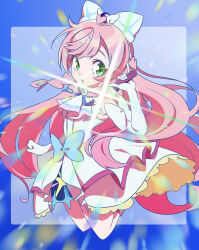 Rule 34 | 1girl, :o, absurdres, ascot, bow, braid, brooch, commentary, cure prism, diffraction spikes, dress, dress bow, earrings, elbow gloves, full body, gloves, green eyes, hair bow, highres, hirogaru sky! precure, holding, holding microphone, jewelry, jumping, kengo kumaxile, layered dress, legs up, light rays, long hair, looking at viewer, magical girl, medium dress, microphone, nijigaoka mashiro, open mouth, pink hair, pinky out, precure, side braid, sky mirage, sleeveless, sleeveless dress, smile, solo, twin braids, very long hair, white ascot, white bow, white dress, white gloves, wing brooch