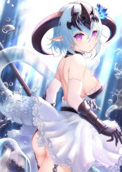 Rule 34 | 1girl, ass, backless dress, backless outfit, bare shoulders, blue flower, blue hair, breasts, circlet, clothes lift, crystal tail, dragon girl, dragon tail, dress, flower, frilled dress, frilled skirt, frills, garter straps, gauntlets, gloves, granblue fantasy, hair between eyes, hair flower, hair ornament, highres, holding, holding weapon, horns, large breasts, lifted by tail, looking at viewer, masai no senshi, medium hair, pointy ears, purple eyes, shadowverse, sideboob, sidelocks, skirt, skirt lift, tail, water drop, weapon, white dress, white gloves, whitefrost dragonewt filene