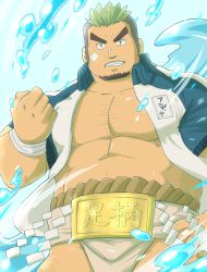 Rule 34 | 1boy, ashigara (housamo), bara, bare pectorals, belly, black hair, brown hair, bulge, chest hair, cowboy shot, facial hair, floating, goatee, green eyes, green hair, hand on own hip, highres, humanization, jacket, large pectorals, loincloth, male focus, muscular, open clothes, open jacket, pectorals, short hair, sideburns, solo, stomach, sumo, thick eyebrows, thighs, tokyo houkago summoners, track jacket, undercut, water, yanutorie