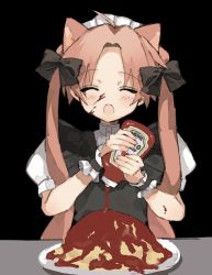 Rule 34 | 1girl, animal ears, black background, black bow, black shirt, bow, cat ears, closed eyes, food, hair bow, holding, kmnk (kumanuko), long hair, omelet, omurice, open mouth, original, pink hair, plate, pouring, puffy sleeves, sauce, shirt, solo, table, tomato sauce, twintails, very long hair