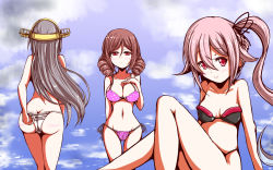Rule 34 | 10s, 3girls, adjusting clothes, adjusting swimsuit, ass, bikini, black hair, blush, breasts, brown hair, butt crack, choco chip (ekitai idou), cleavage, drill hair, from behind, hairband, harukaze (kancolle), haruna (kancolle), harusame (kancolle), highres, kantai collection, long hair, looking at viewer, multiple girls, name connection, pink hair, red eyes, side ponytail, smile, swimsuit, trefoil, twin drills