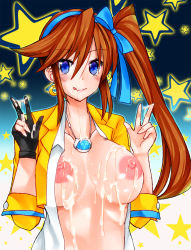 Rule 34 | 1girl, ace attorney, aotsu umihito, athena cykes, blue eyes, breasts, brown hair, capcom, crescent moon, cum, earrings, fingerless gloves, gloves, hair between eyes, hair ribbon, jacket, jewelry, large breasts, long hair, moon, necklace, nipples, open clothes, open jacket, open shirt, phoenix wright: ace attorney - dual destinies, ribbon, shirt, side ponytail, solo, star (symbol), tongue, v