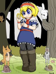 Rule 34 | 1girl, alice margatroid, bird, black pantyhose, blonde hair, blue eyes, blue skirt, boots, capelet, egg, forest, fox, gloves, hairband, highres, middle finger, mole, mole (animal), nature, pantyhose, rabbit, red hairband, red ribbon, ribbon, short hair, simple background, skirt, snail, solo, squirrel, tetugakuzonbi, touhou
