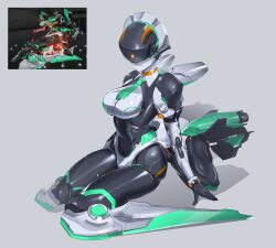 Rule 34 | 1girl, absurdres, armored core, armored core 6, breasts, colored skin, echanis enicha, full body, grey background, grey skin, helmet, highres, joints, looking at viewer, medium breasts, necktie, no feet, personification, reference inset, robot girl, robot joints, shadow, sitting, solo, thrusters, wariza