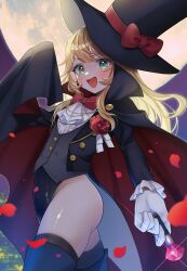 Rule 34 | 1girl, arm up, ass, black cloak, black footwear, black jacket, black leotard, black thighhighs, blonde hair, blush, boots, bow, bowtie, cane, cloak, commission, flower, full moon, gem, gloves, green eyes, grey vest, hat, highleg, highleg leotard, highres, holding cloak, jacket, koguma poistar, leotard, leotard under clothes, long hair, looking at viewer, moon, night, night sky, open mouth, original, outdoors, outstretched arm, petals, phantom thief, phantom thief (kkmomo67), red bow, red bowtie, red cloak, rose, shirt, skeb commission, sky, smile, solo, thigh boots, thighhighs, thighs, top hat, two-sided cloak, two-sided fabric, vest, white gloves, white shirt