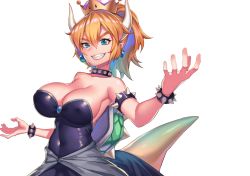 Rule 34 | &gt;:), 1girl, armlet, armpits, bare shoulders, black dress, blonde hair, blue brooch, blue eyes, bowsette, bracelet, breasts, clenched teeth, collar, collarbone, covered erect nipples, covered navel, crown, dress, earrings, eyelashes, grin, hair between eyes, horns, hrtyuk, jewelry, large breasts, looking at viewer, mario (series), mini crown, new super mario bros. u deluxe, nintendo, outstretched arms, pointy ears, ponytail, sharp teeth, simple background, skin tight, smile, spiked armlet, spiked bracelet, spiked collar, spiked shell, spikes, spread arms, strapless, strapless dress, super crown, tail, teeth, white background