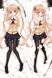 Rule 34 | 10s, 1girl, arm up, bakugadou, bare shoulders, bed sheet, black footwear, black pantyhose, black ribbon, black skirt, blonde hair, blush, breasts, brown eyes, cleavage, closed mouth, collarbone, commentary, dakimakura (medium), full body, hair between eyes, hair ribbon, hand on own arm, hand on own chest, holding, holding hair, kantai collection, long hair, long sleeves, looking at viewer, lying, medium breasts, multiple views, murasame (kancolle), neckerchief, no shoes, off shoulder, on back, pantyhose, pleated skirt, red neckerchief, ribbon, school uniform, serafuku, shoes, skirt, smile, thigh strap, torn clothes, torn legwear, twintails, very long hair