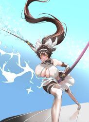 Rule 34 | 1girl, absurdres, azur lane, blue background, breasts, brown hair, cleavage, cleavage cutout, clothing cutout, elbow gloves, electricity, extra ears, foot out of frame, gloves, highres, holding, holding sheath, holding sword, holding weapon, huge breasts, katana, lightning, long hair, miniskirt, minuo songshu, ribbon, sheath, skirt, solo, sword, takao (azur lane), takao (divine exorcist&#039;s blade) (azur lane), very long hair, weapon, white ribbon, white skirt, yellow eyes
