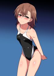 Rule 34 | 1girl, bare arms, bare shoulders, black one-piece swimsuit, blue background, blush, body blush, breasts, brown eyes, brown hair, closed mouth, collarbone, competition swimsuit, covered navel, cowboy shot, gradient background, hair ornament, hairclip, half-closed eyes, leaning forward, looking at viewer, marupuni, matching hair/eyes, misaka mikoto, one-piece swimsuit, school swimsuit, shiny clothes, shiny skin, short hair, skin tight, small breasts, smile, solo, standing, swimsuit, thighs, toaru kagaku no railgun, toaru majutsu no index, tokiwadai school swimsuit, water drop, wet