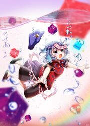 Rule 34 | 1girl, absurdres, black footwear, black skirt, blue hair, blue ribbon, blush, bubble, cabbie hat, chinese clothes, commentary request, cube, full body, glint, hat, hat ornament, highres, jiangshi, kaku seiga, looking afar, medium bangs, miyako yoshika, neck ribbon, objectification, ofuda, open mouth, outstretched arms, purple eyes, purple hat, rainbow, red shirt, ribbon, shirt, shoes, short hair, short sleeves, skirt, smile, solo, star (symbol), star hat ornament, tangzhuang, teeth, touhou, underwater, unworn hat, unworn headwear, upper teeth only, water, yuriri2001, zombie pose