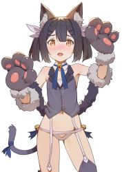 Rule 34 | 1girl, absurdres, animal ear fluff, animal ears, animal hands, arms up, bad id, bad twitter id, bare shoulders, bell, black hair, blush, brown eyes, cat ears, cat tail, cirnocchi, collaboration, contrapposto, coupon (skyth), cowboy shot, dangeroes beast (miyu), detached collar, fate/kaleid liner prisma illya, fate (series), garter straps, gloves, grey thighhighs, hair ribbon, highres, jingle bell, kemonomimi mode, midriff, miyu edelfelt, navel, open mouth, panties, paw gloves, ribbon, short twintails, sidelocks, simple background, solo, standing, tail, tail ornament, tail ribbon, thighhighs, timbougami, twintails, underwear, vest, white background