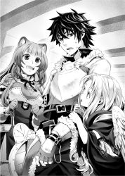 Rule 34 | 1boy, 2girls, angel wings, animal ears, arm grab, armor, belt buckle, breastplate, buckle, cloak, eye contact, feathered wings, fingerless gloves, filo (tate no yuusha no nariagari), gloves, greyscale, hair between eyes, iwatani naofumi, long hair, long sleeves, looking at another, minami seira, miniskirt, monochrome, multiple girls, neck ribbon, novel illustration, official art, open mouth, pants, raccoon ears, raccoon girl, raphtalia, ribbon, skirt, standing, sweatdrop, tate no yuusha no nariagari, very long hair, wings