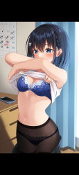 Rule 34 | 1girl, bare arms, bare shoulders, black skirt, blue bra, blue panties, bow, bow bra, bra, braid, breasts, brown pantyhose, butterfly hair ornament, calendar (object), cellphone, chest of drawers, cleavage, clothes lift, clothes pull, commentary request, curtains, hair ornament, highres, indoors, komori kuzuyu, lifted by self, original, panties, panties under pantyhose, pantyhose, phone, rivier (kuzuyu), shirt, shirt lift, skirt, skirt pull, sleeveless, sleeveless shirt, small breasts, solo, thighband pantyhose, underwear, white shirt