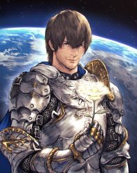 Rule 34 | &gt;:), 1boy, adventurer (ff14), armor, blue cape, blue eyes, breastplate, brown hair, cape, chainmail, commentary, facial hair, final fantasy, final fantasy xiv, flower, gauntlets, highres, holding, holding flower, hyur, looking at viewer, makimura shunsuke, male focus, paladin (final fantasy), pauldrons, planet, short hair, shoulder armor, smile, solo, space, stubble, upper body, v-shaped eyebrows, warrior of light (ff14), yellow flower