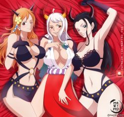 Rule 34 | 3girls, absurdres, black hair, breasts, highres, horns, large breasts, long hair, marimo png, multiple girls, nami (one piece), nico robin, one piece, oni, orange hair, smile, take your pick, white hair, yamato (one piece)