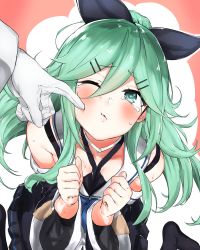 Rule 34 | 10s, 1boy, 1girl, admiral (kancolle), aqua eyes, black ribbon, black thighhighs, blue neckerchief, blush, cheek poking, clenched hands, commentary request, detached sleeves, gloves, green hair, hair between eyes, hair ornament, hair ribbon, hairclip, highres, kantai collection, long hair, neckerchief, one eye closed, poking, ponytail, ribbon, school uniform, serafuku, skirt, tears, thighhighs, white gloves, wide sleeves, yakitomato, yamakaze (kancolle)