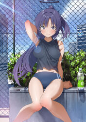 Rule 34 | 1girl, arm behind head, arm support, black halo, black shirt, blue archive, blue buruma, bottle, breasts, building, buruma, chain-link fence, commentary request, fence, furuyama itaru, halo, hand up, high ponytail, knees together feet apart, long hair, mechanical halo, medium breasts, outdoors, paid reward available, partial commentary, plastic bottle, shirt, sitting, smile, solo, sweat, thighhighs, thighs, water bottle, yuuka (blue archive), yuuka (track) (blue archive)