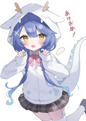 Rule 34 | 1girl, amamiya kokoro, animal hood, black skirt, blue hair, blush, braid, commentary request, dragon horns, dragon tail, fake horns, hair ornament, hairclip, highres, hood, hood up, hoodie, horns, long hair, long sleeves, looking at viewer, meibi 1, miniskirt, nijisanji, open mouth, pleated skirt, skirt, sleeves past wrists, tail, thighhighs, translated, twin braids, virtual youtuber, white background, white thighhighs, x hair ornament, yellow eyes